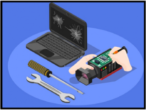 Dessin représentant un ordinateur portable à l'écran cassé, une paire de main en train de ressouder des composants électroniques et des outils, clé et tournevis;